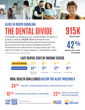 A thumbnail for the one pager that discusses the data points for ALICE in South Carolina and the dental divide.