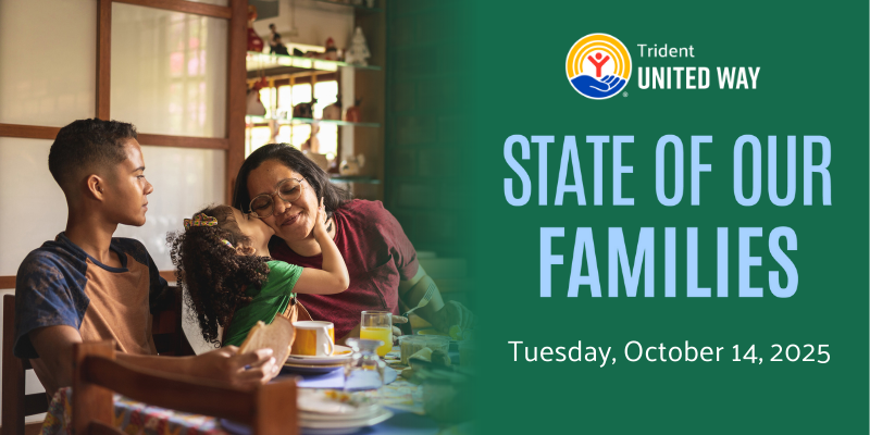 State of our families graphic showing a family at the dinner table and the words "STATE OF OUR FAMILIES"