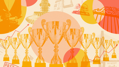 Illustration of a row of gold trophy cups increasing in size toward the center, overlaid on a warm-toned collage of financial and lifestyle imagery. Background elements include a rising line graph, a “past due” stamp, a suited figure, buildings, and abstract circles in orange and yellow, suggesting themes of success, growth, and economic pressure.